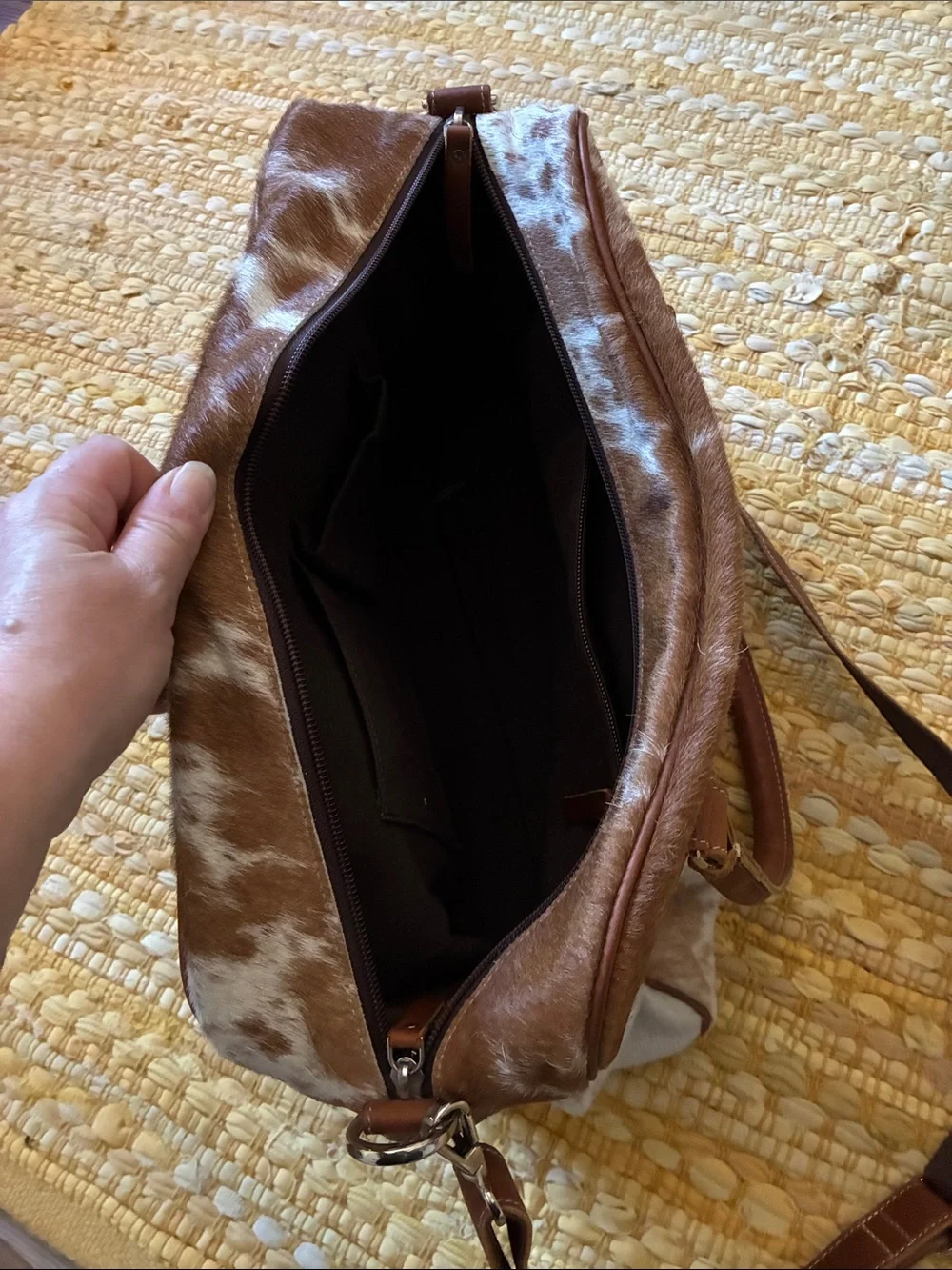 Brown and White Cowhide Leather Messenger Tote with Front Pockets
